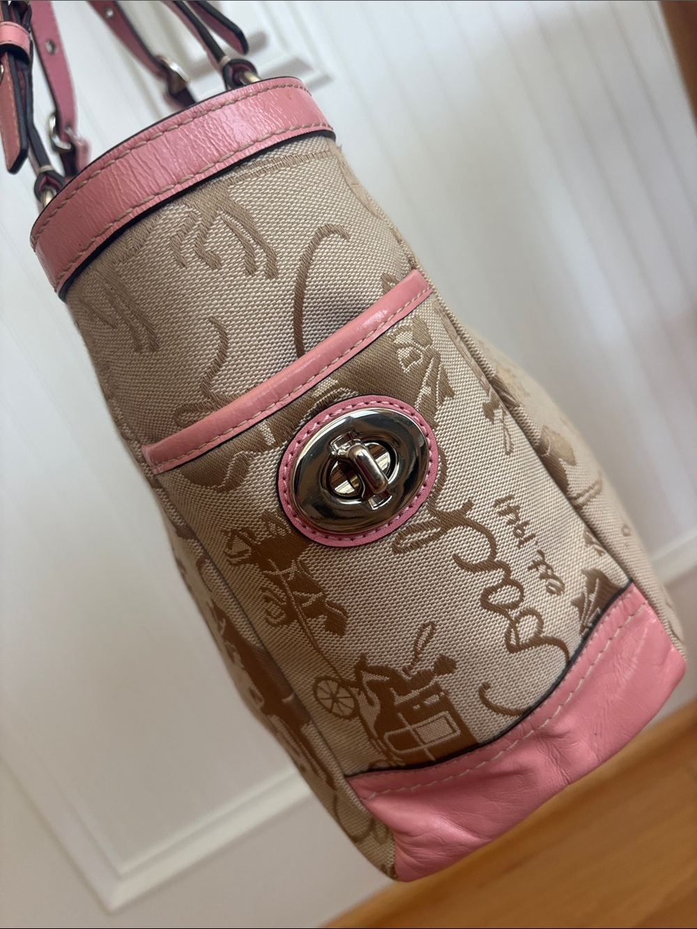 Coach Horse & Carriage Pleated Gallery Tote Pink Leather Khaki Y2K Shoulder Bag - Picture 5 of 17